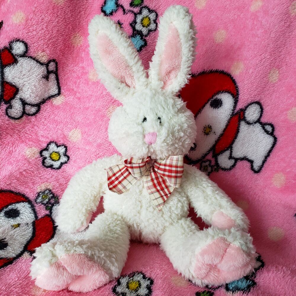 Vintage 2000 Plushland White Bunny Rabbit Bean Bag Plush Plaid Bow 8"